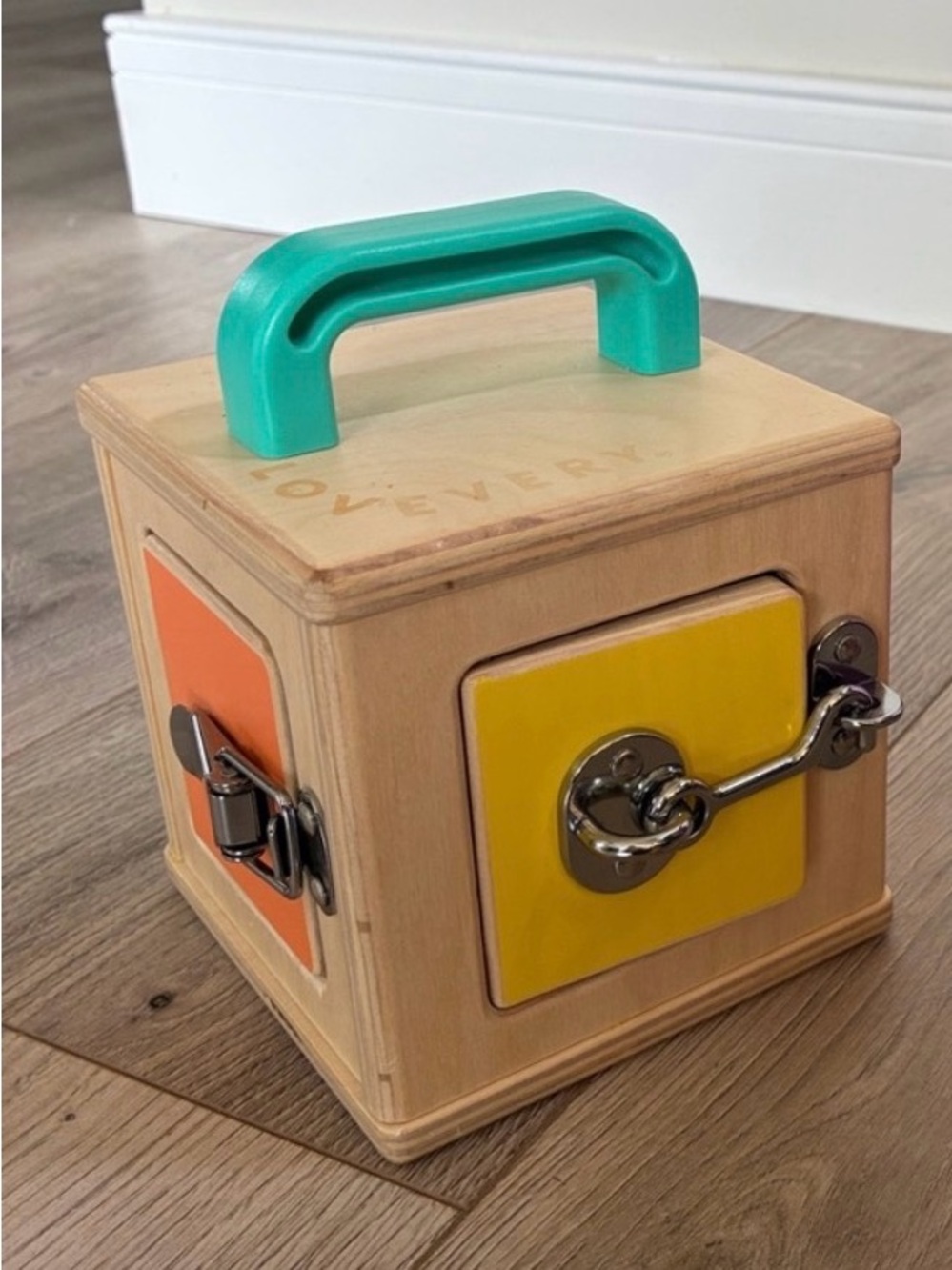Wooden Learning Lock Box Toy with Green Handle - Colorful Keys & Latches